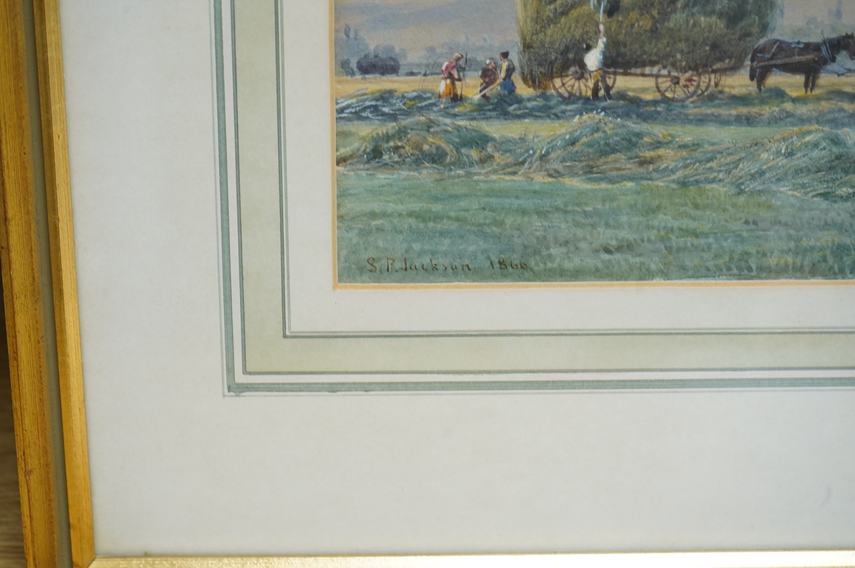 S R Jackson, Haymaking, signed and dated 1866, watercolour, 20 x 43cm